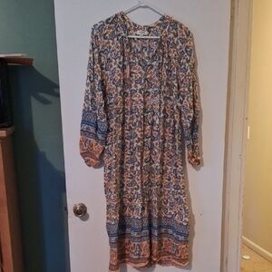 Umgee Brown and Orange V-Neck Bishop Sleeve Sundress